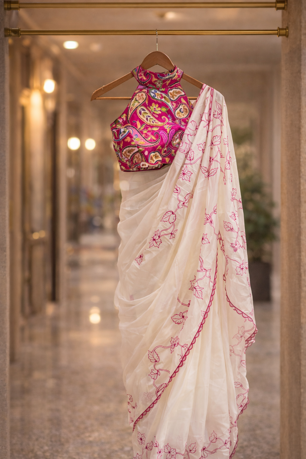 AURELIA BLANC Crepe Silk-Look Printed White Saree with Dual Blouse Set