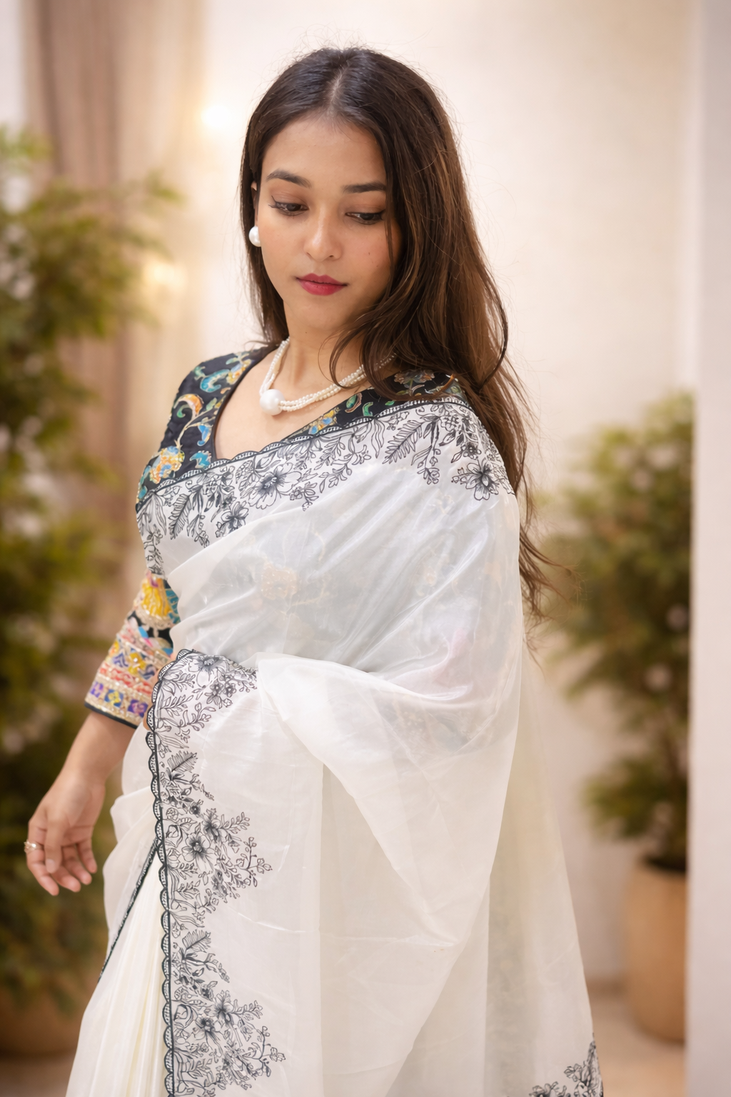 Noir Bloom Organza Saree – Dual Blouse Edition