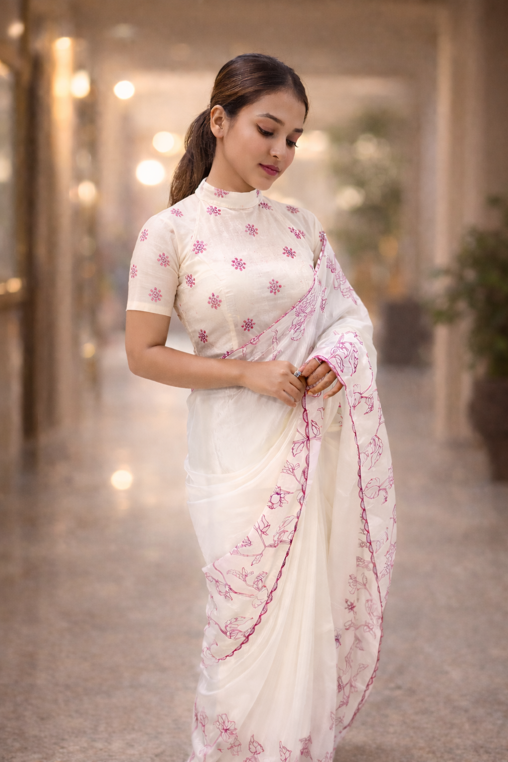 AURELIA BLANC Crepe Silk-Look Printed White Saree with Dual Blouse Set