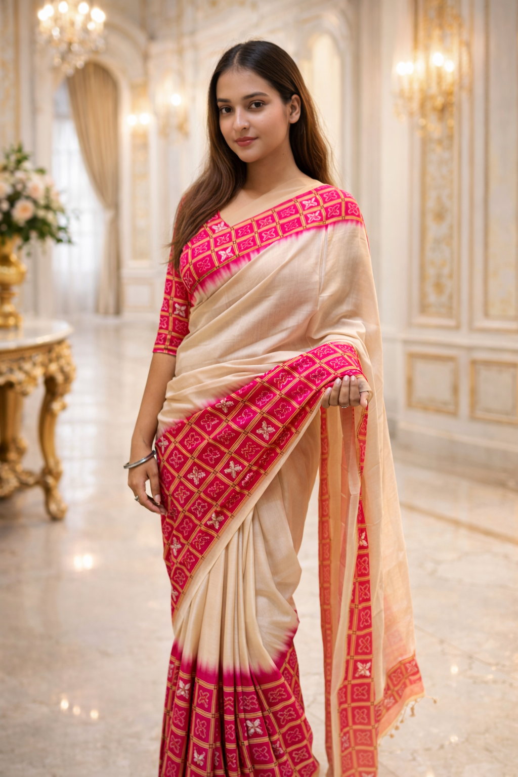 Ivory Handwoven Silk Saree with Pink Zari Border | Luxury Indian Ethnic Wear