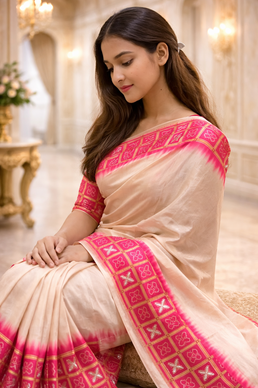 Ivory Handwoven Silk Saree with Pink Zari Border | Luxury Indian Ethnic Wear