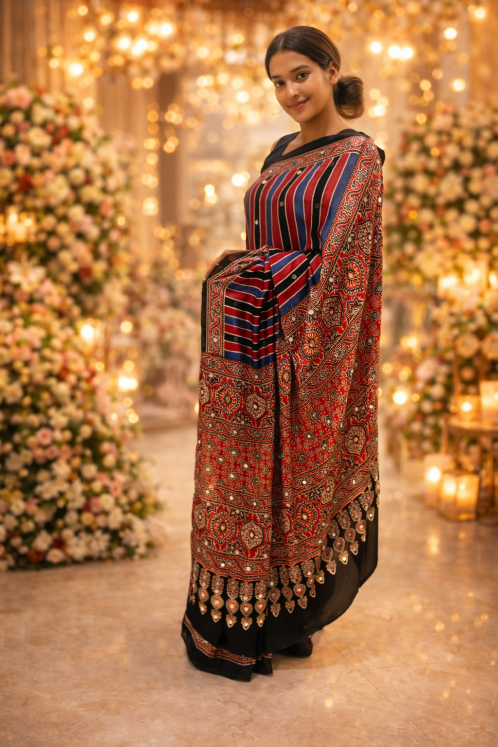 Black & Red Ajrakh Print Saree with Striped Pallu and Traditional Motifs
