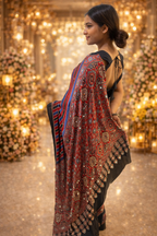 Black & Red Ajrakh Print Saree with Striped Pallu and Traditional Motifs