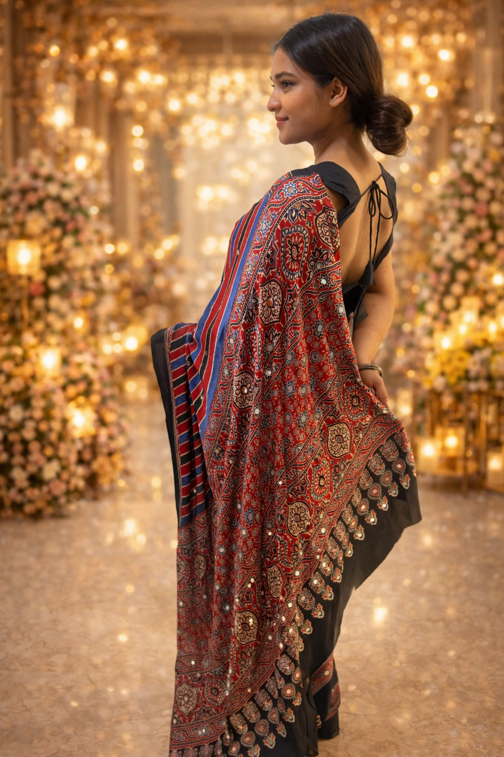 Black & Red Ajrakh Print Saree with Striped Pallu and Traditional Motifs