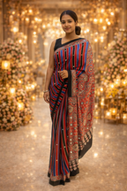 Black & Red Ajrakh Print Saree with Striped Pallu and Traditional Motifs