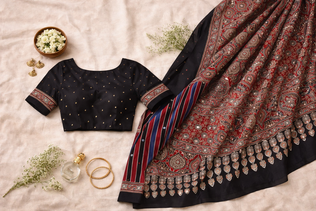 Black & Red Ajrakh Print Saree with Striped Pallu and Traditional Motifs