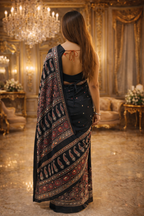 Black Ajrakh Print Saree with Red Border – Elegant Handcrafted Ethnic Wear