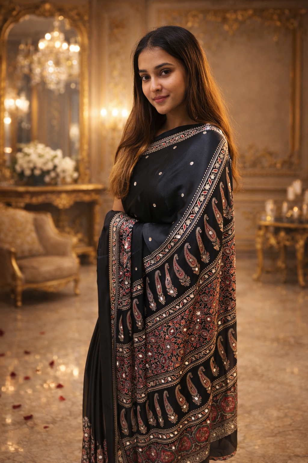 Black Ajrakh Print Saree with Red Border – Elegant Handcrafted Ethnic Wear