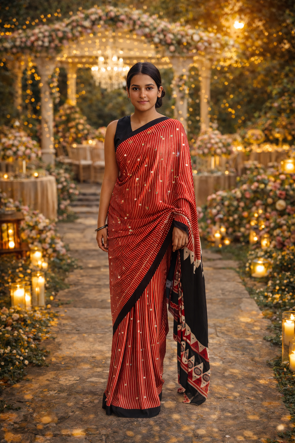 Black & Red Ajrakh Inspired Printed Saree with Geometric Motifs