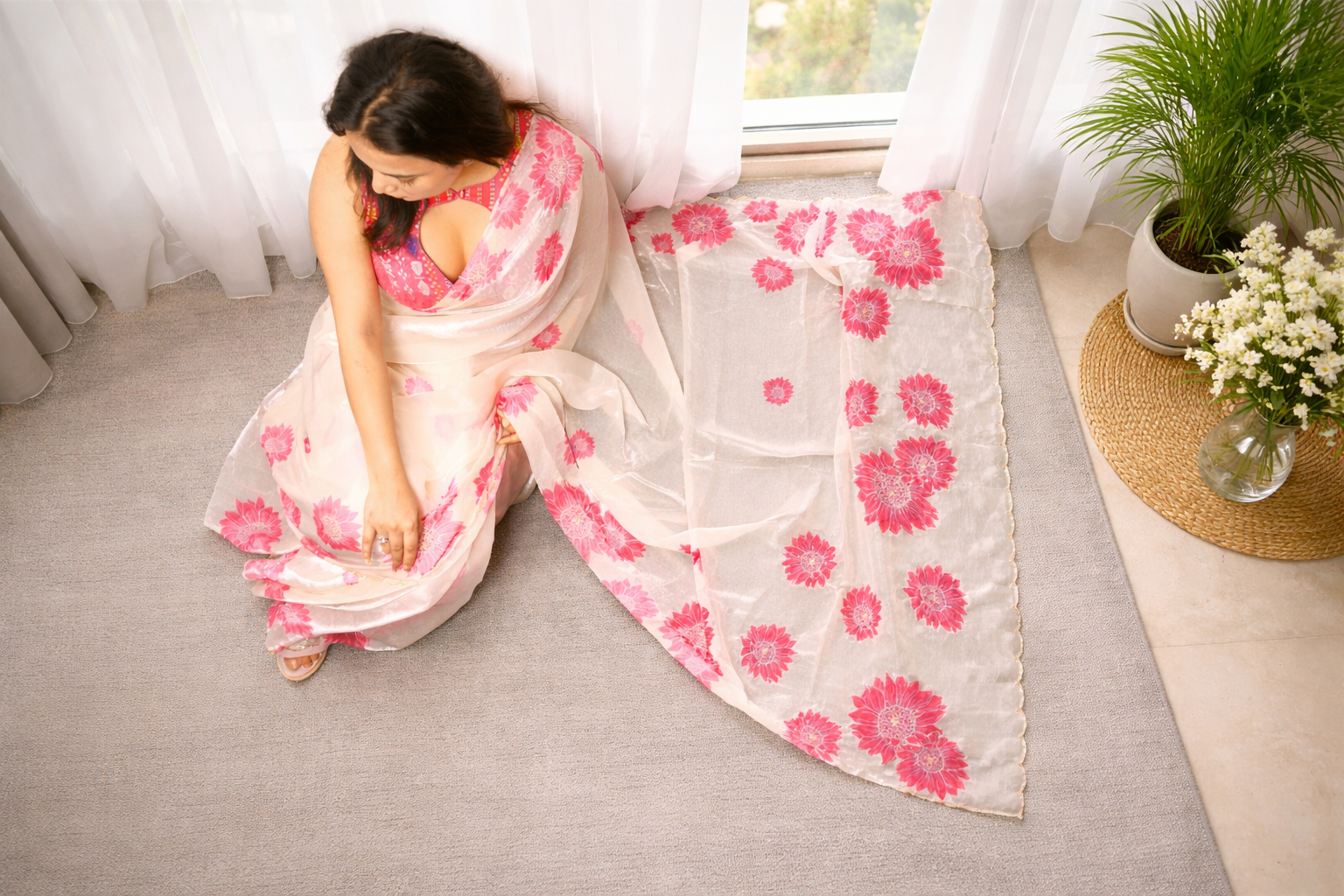Ivory Fandy Saree with Blush Floral Designer Blouse