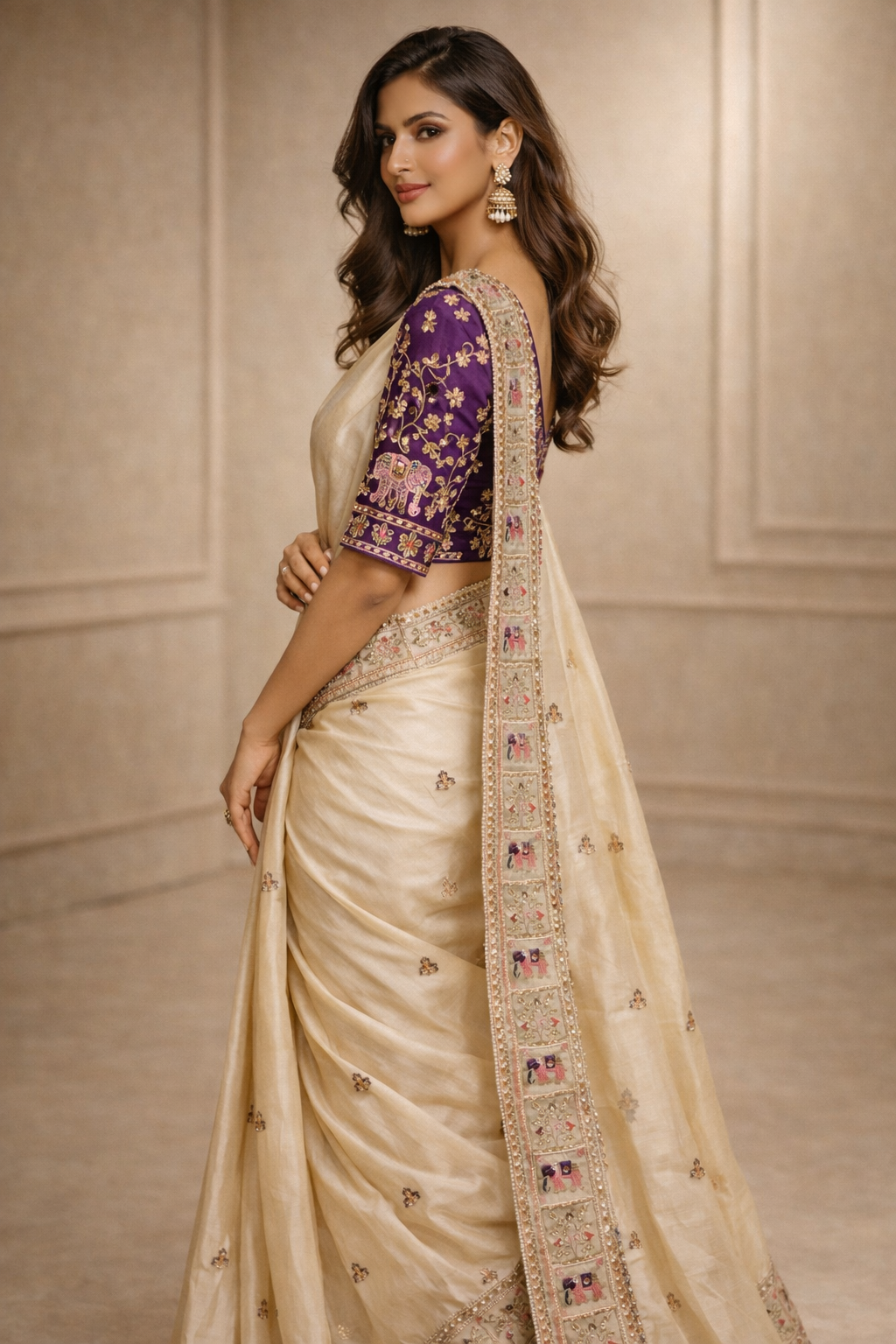 Ivory Silk Saree with Elephant Embroidery