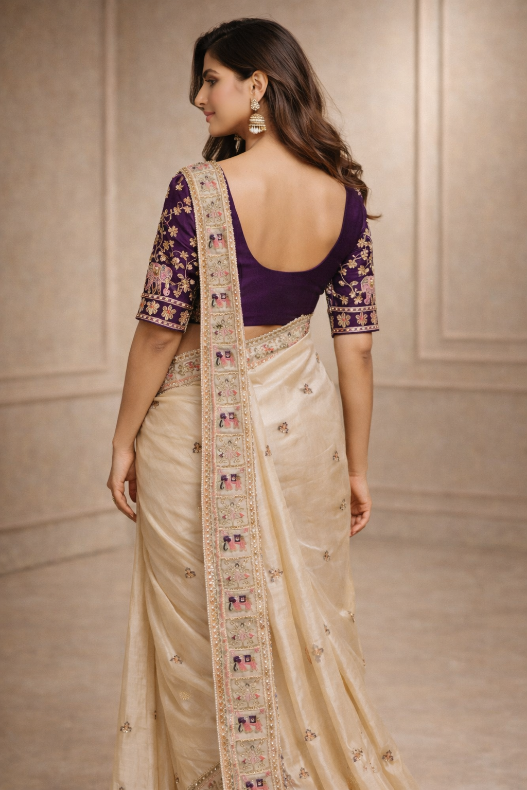 Ivory Silk Saree with Elephant Embroidery