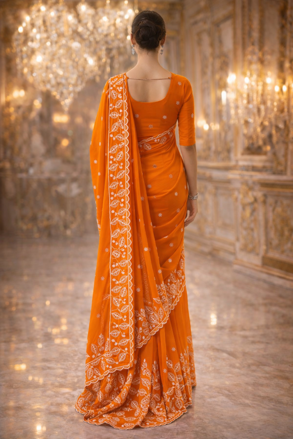 CIAZ | Couture Embroidered Saree in Rani Pink & Burnt Orange