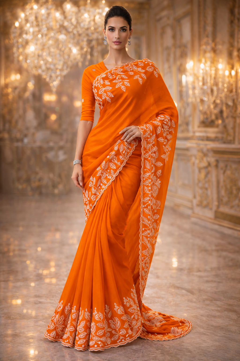 CIAZ | Couture Embroidered Saree in Rani Pink & Burnt Orange