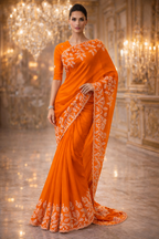 CIAZ | Couture Embroidered Saree in Rani Pink & Burnt Orange