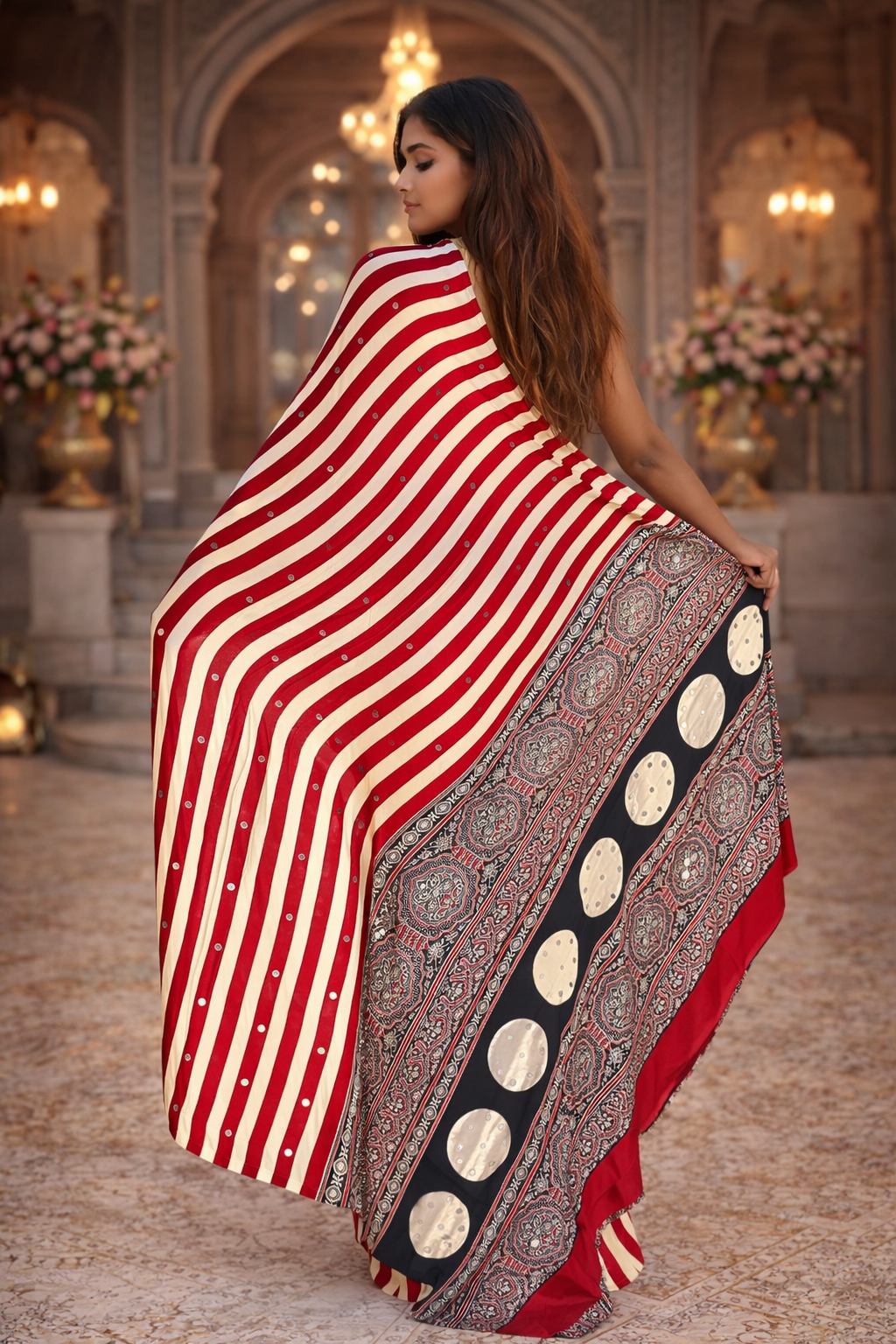 RASM Designer Studio Heritage Stripe Satin Silk Saree | Ajrakh Mirror Work Border