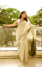 Emerald Shell-Embellished Couture Blouse with Ivory Saree