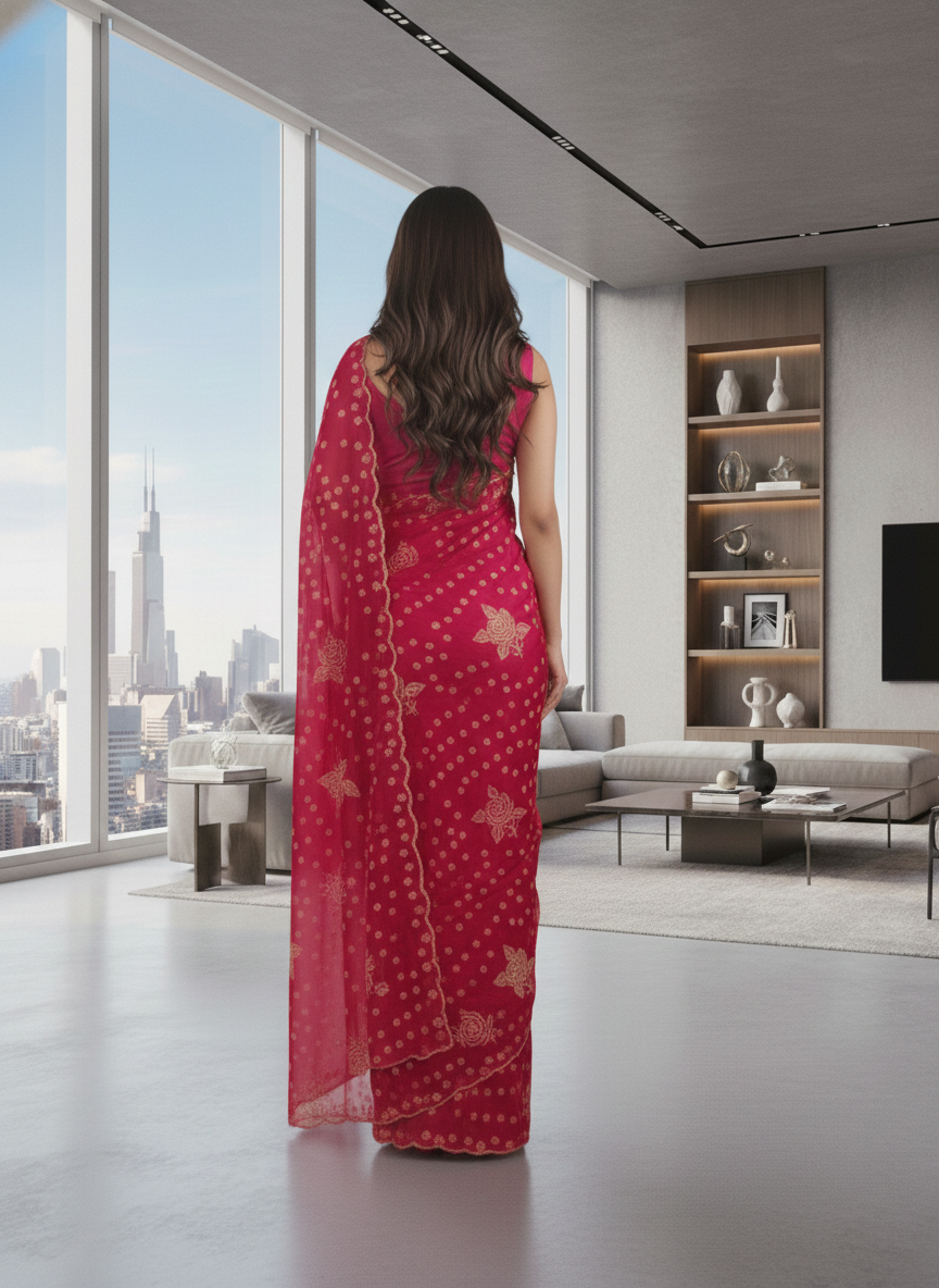 Imperial Bloom Luxury Printed Tissue-Look Saree with Gold Motif Detailing | Designer Occasion Wear