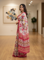 RangVeda Dual-Blouse Heritage Print Silk Saree Set