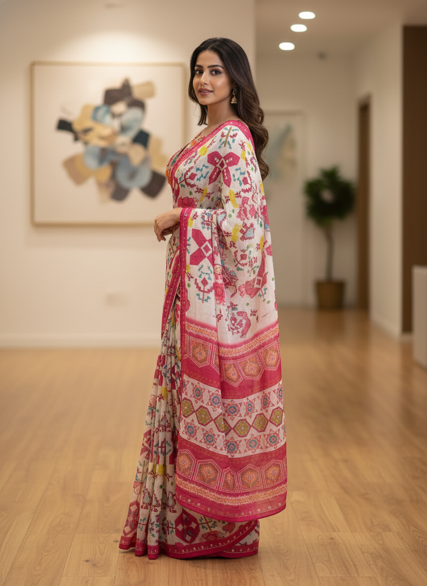RangVeda Dual-Blouse Heritage Print Silk Saree Set
