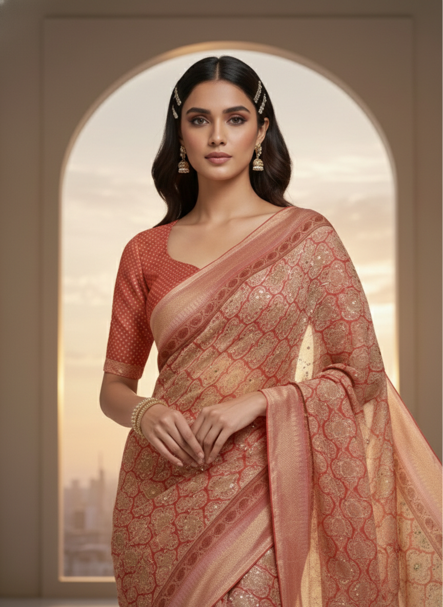 SUVARNA KALA Handloom Silk-Look Printed Saree with Rich Woven Finish