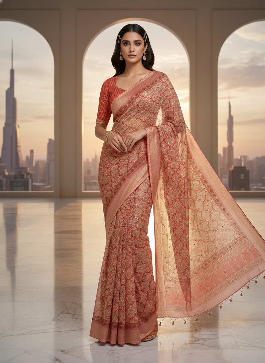 SUVARNA KALA Handloom Silk-Look Printed Saree with Rich Woven Finish