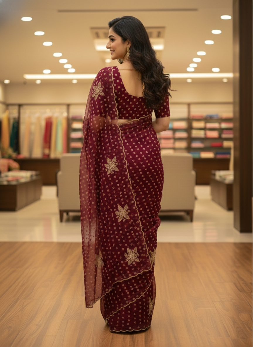 Imperial Bloom Luxury Printed Tissue-Look Saree with Gold Motif Detailing | Designer Occasion Wear