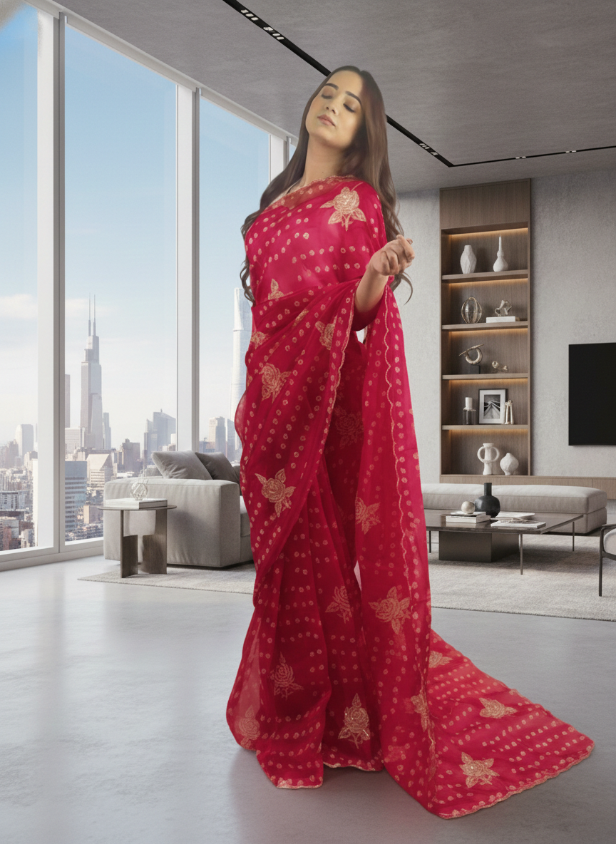 Imperial Bloom Luxury Printed Tissue-Look Saree with Gold Motif Detailing | Designer Occasion Wear