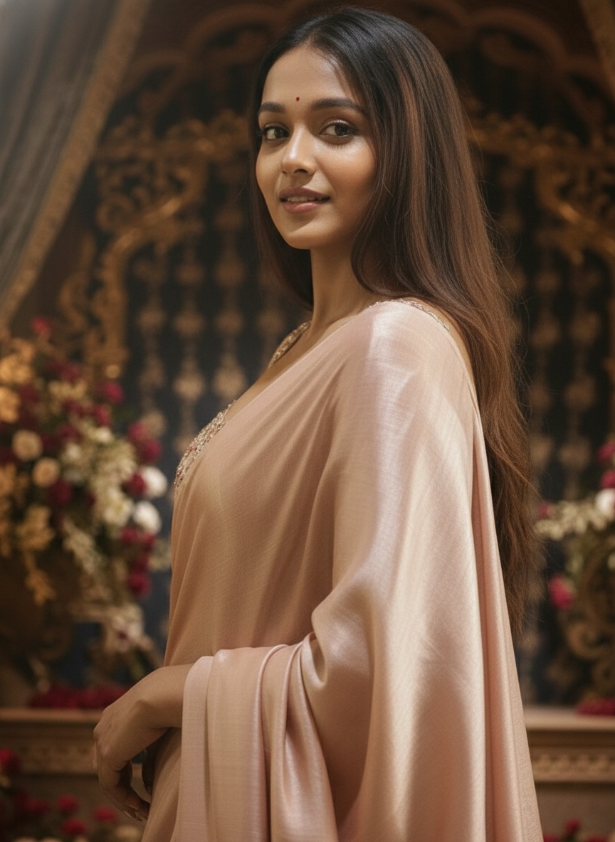 ROSELYRA Blush Pink Organza Silk Saree with Couture Embroidered Blouse