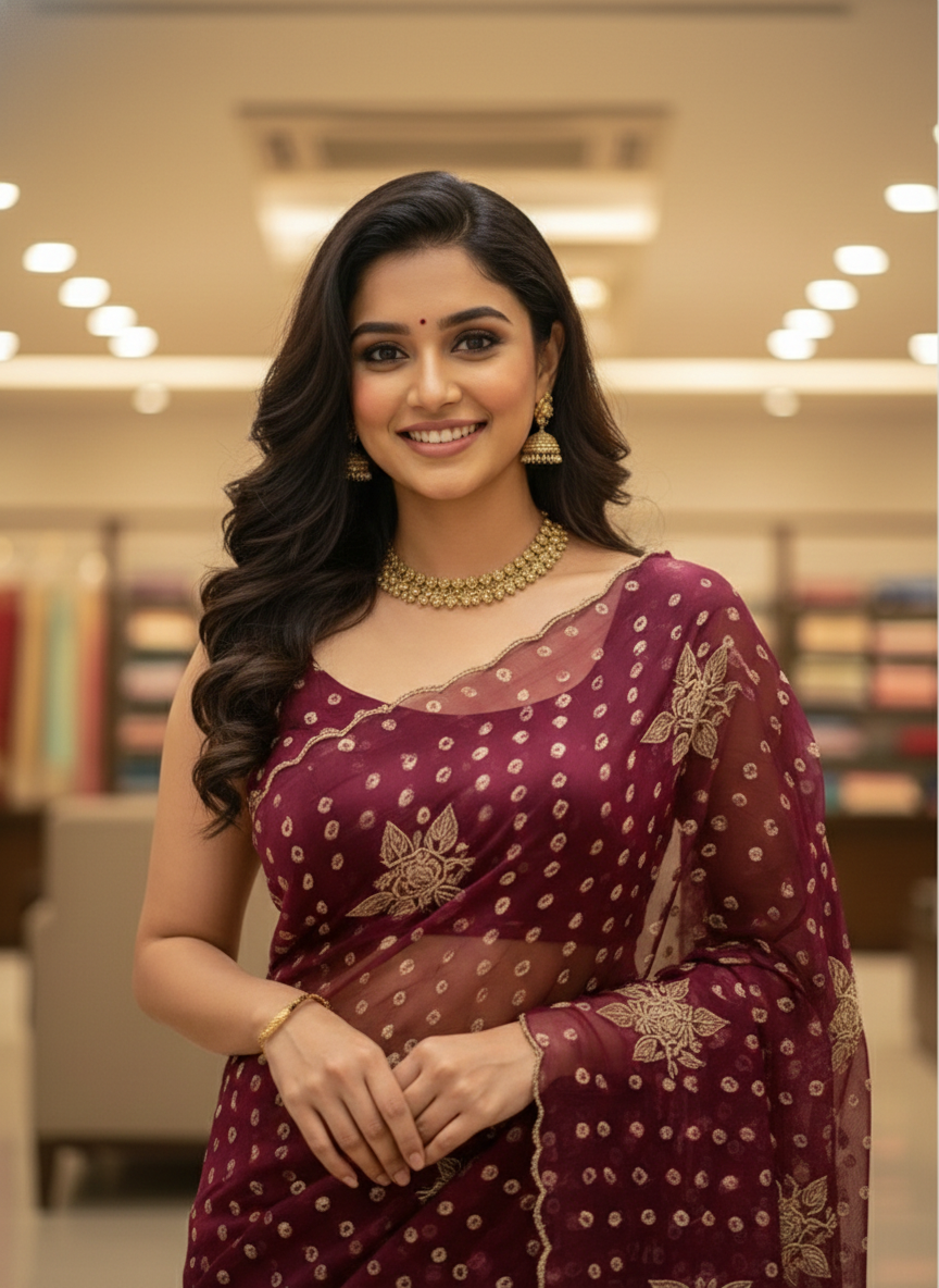 Imperial Bloom Luxury Printed Tissue-Look Saree with Gold Motif Detailing | Designer Occasion Wear