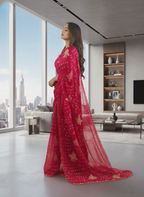 Imperial Bloom Luxury Printed Tissue-Look Saree with Gold Motif Detailing | Designer Occasion Wear