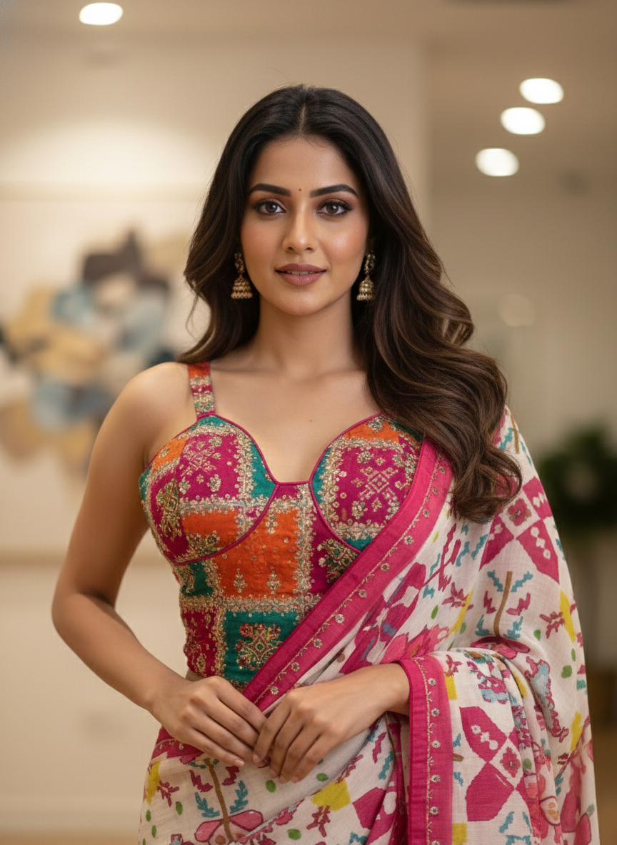 RangVeda Dual-Blouse Heritage Print Silk Saree Set