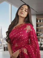 Imperial Bloom Luxury Printed Tissue-Look Saree with Gold Motif Detailing | Designer Occasion Wear