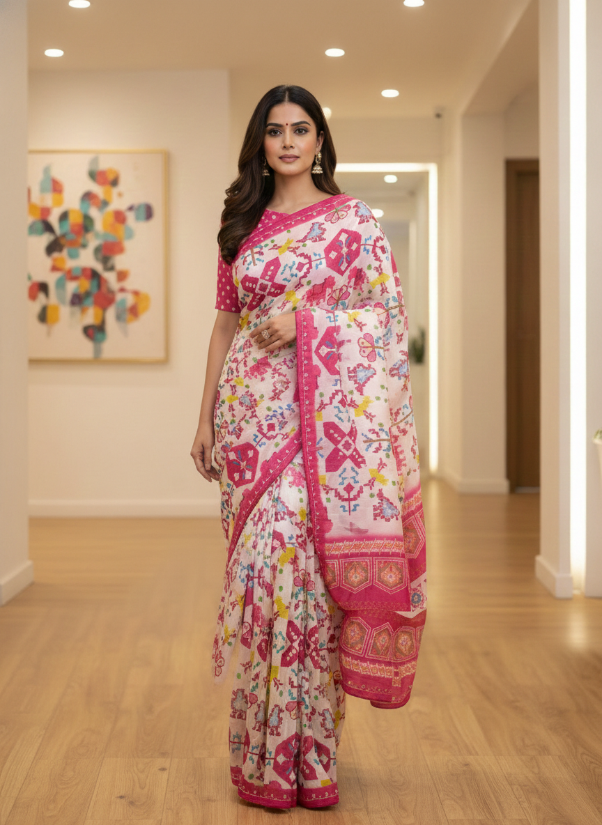 RangVeda Dual-Blouse Heritage Print Silk Saree Set