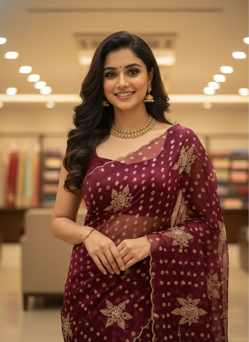 Imperial Bloom Luxury Printed Tissue-Look Saree with Gold Motif Detailing | Designer Occasion Wear