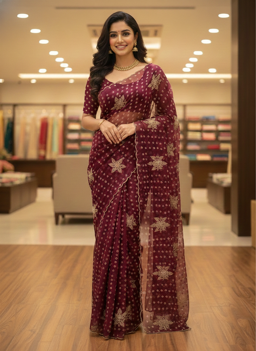 Imperial Bloom Luxury Printed Tissue-Look Saree with Gold Motif Detailing | Designer Occasion Wear