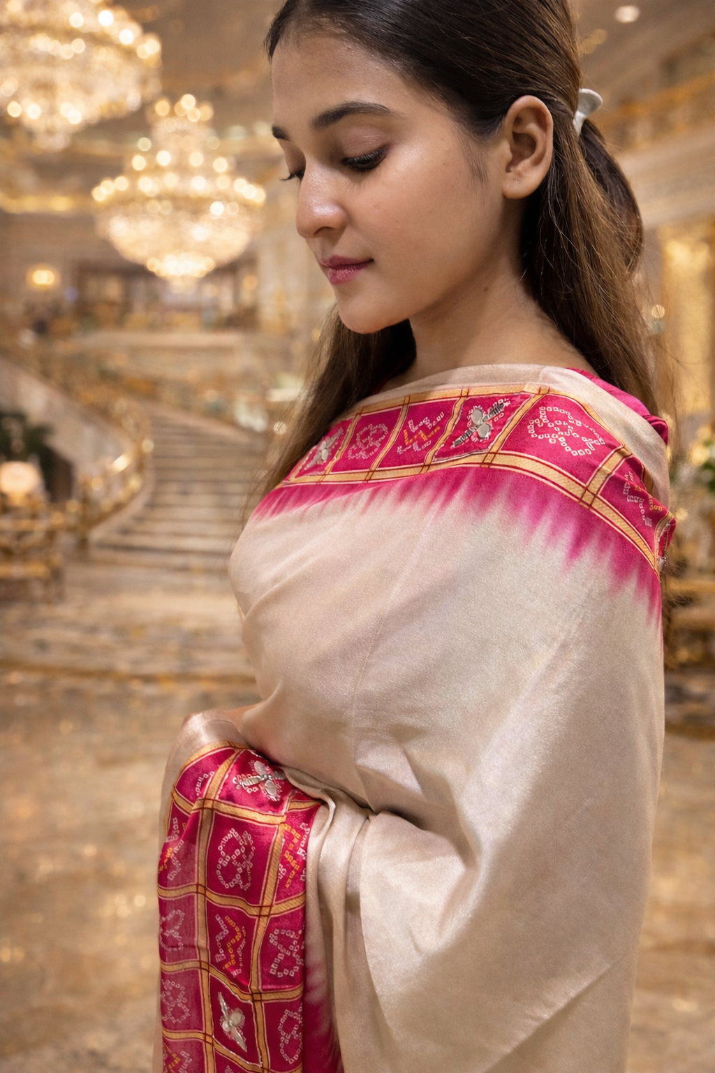 Ivory Handwoven Silk Saree with Pink Zari Border | Luxury Indian Ethnic Wear
