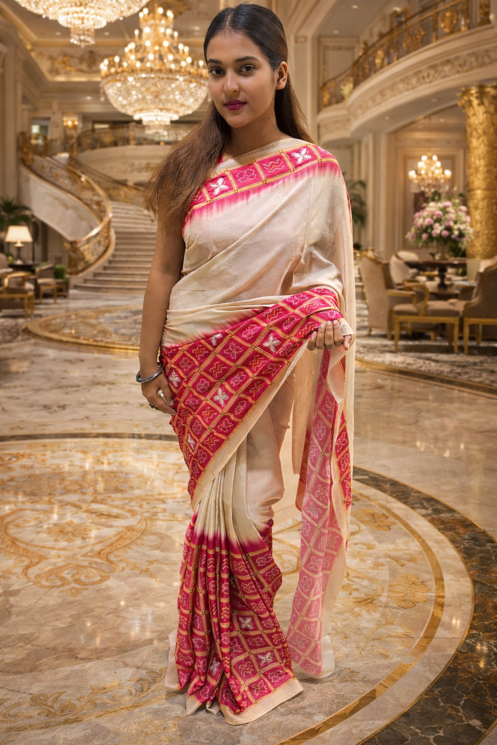 Ivory Handwoven Silk Saree with Pink Zari Border | Luxury Indian Ethnic Wear