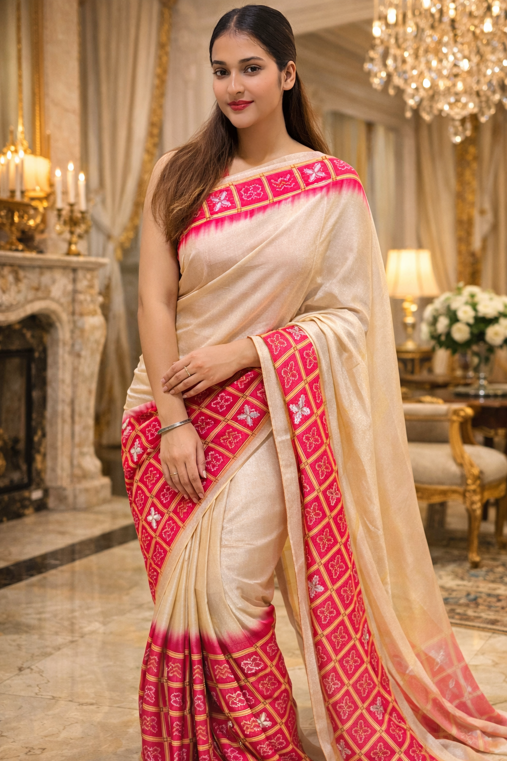 Ivory Handwoven Silk Saree with Pink Zari Border | Luxury Indian Ethnic Wear