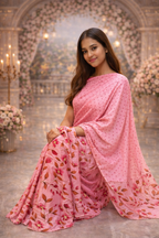 Pink Floral Printed Saree with Matching Printed Blouse – Soft Flowing Drape