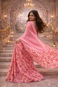 Pink Floral Printed Saree with Matching Printed Blouse – Soft Flowing Drape