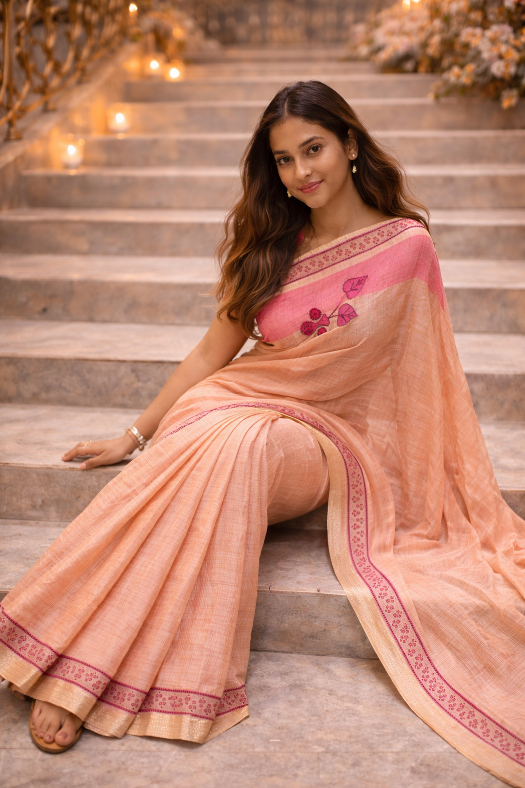 Peach Pink Handloom Style Saree with Floral Border