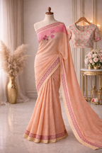 Peach Pink Handloom Style Saree with Floral Border