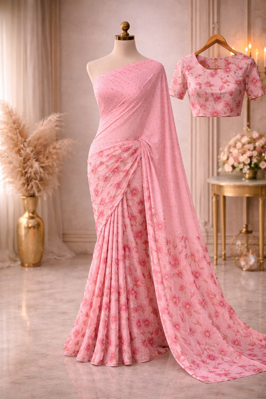 Pink Floral Printed Saree with Matching Printed Blouse – Soft Flowing Drape