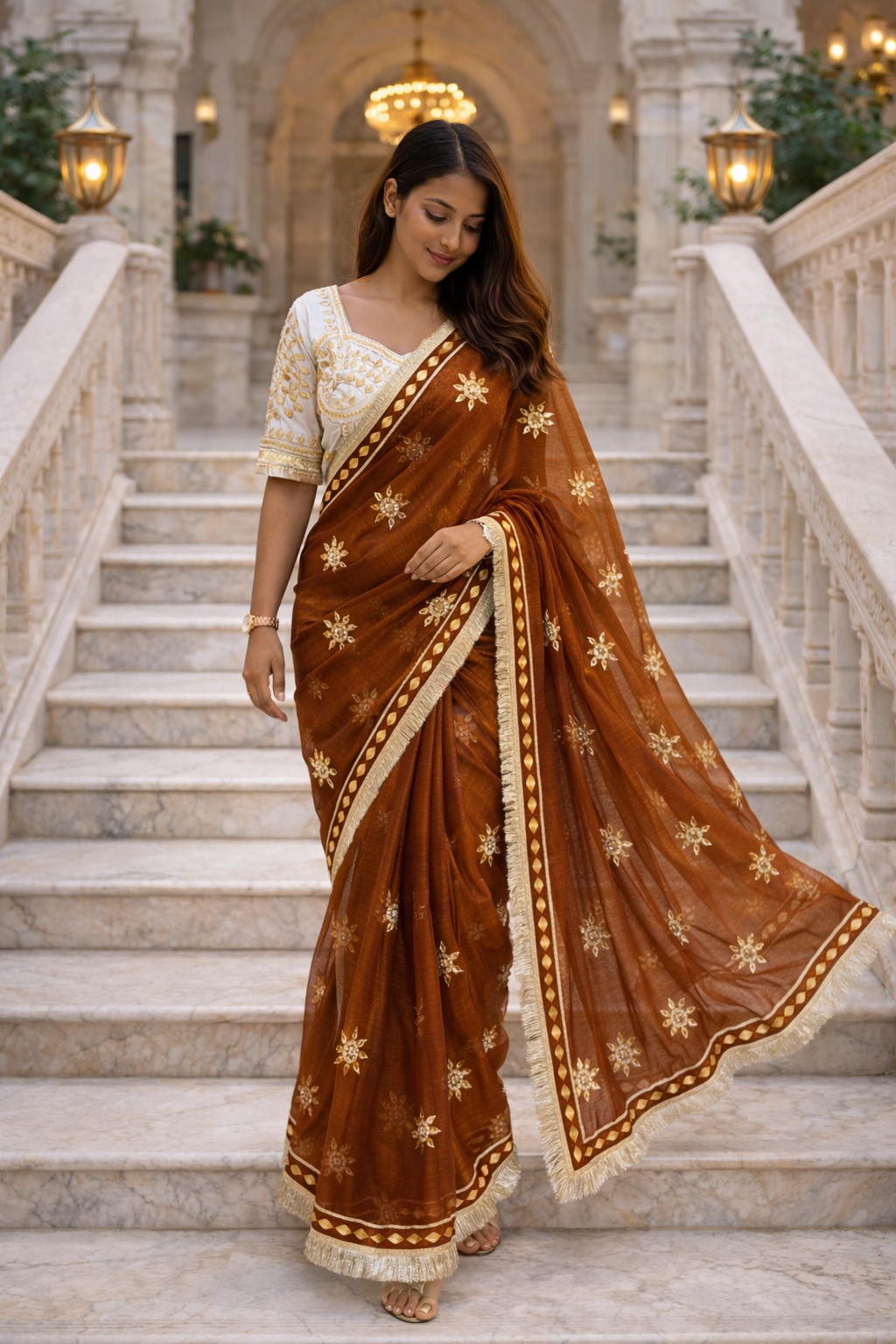 Noor-e-Gota Fancy Fabric Saree with Gota Patti Work & Designer Stitched Blouse