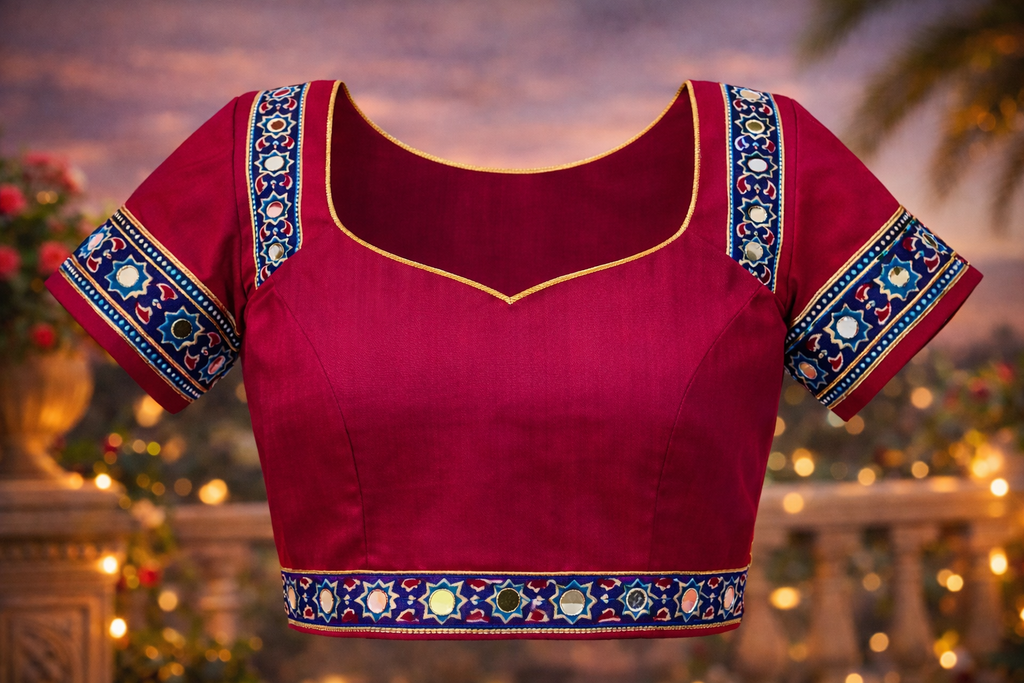 Ajrakh Mirror Work Satin Silk Saree | Handcrafted Luxury Print |Royal Ajrakh Heritage