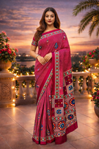 Ajrakh Mirror Work Satin Silk Saree | Handcrafted Luxury Print |Royal Ajrakh Heritage