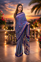 Ajrakh Mirror Work Satin Silk Saree | Handcrafted Luxury Print |Royal Ajrakh Heritage