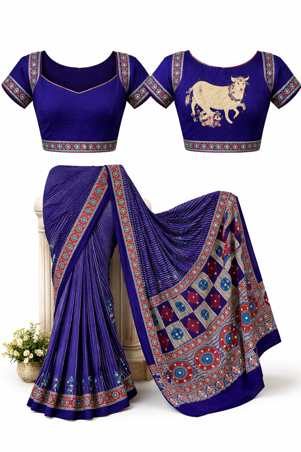 Ajrakh Mirror Work Satin Silk Saree | Handcrafted Luxury Print |Royal Ajrakh Heritage