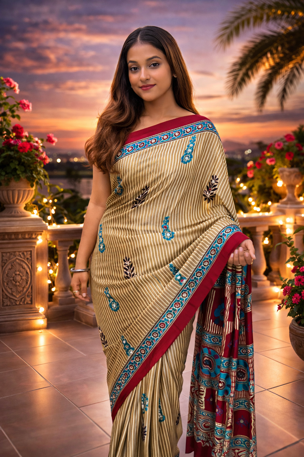 Ajrakh Mirror Work Satin Silk Saree | Handcrafted Luxury Print |Royal Ajrakh Heritage